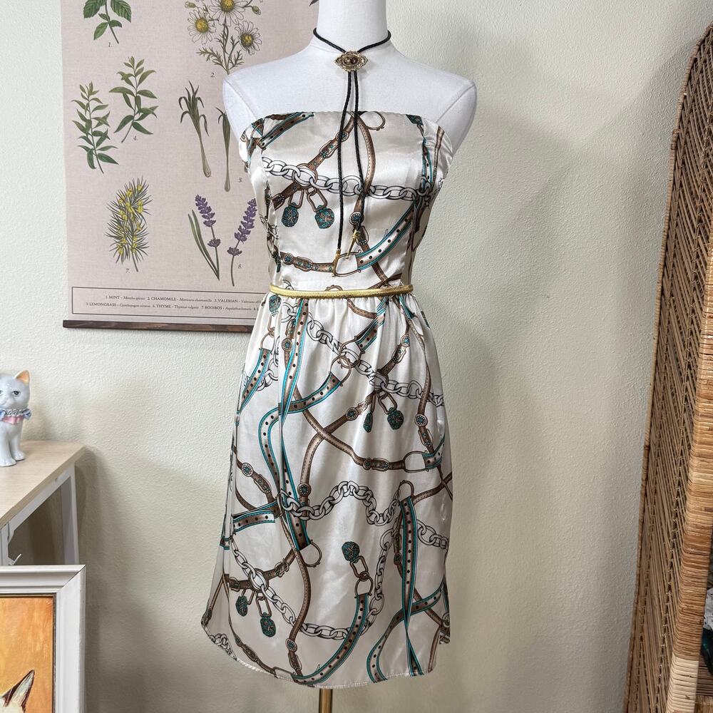 90s Y2k Satin Belt Print Strapless Dress Western Coastal Cowgirl McBling Sexy S